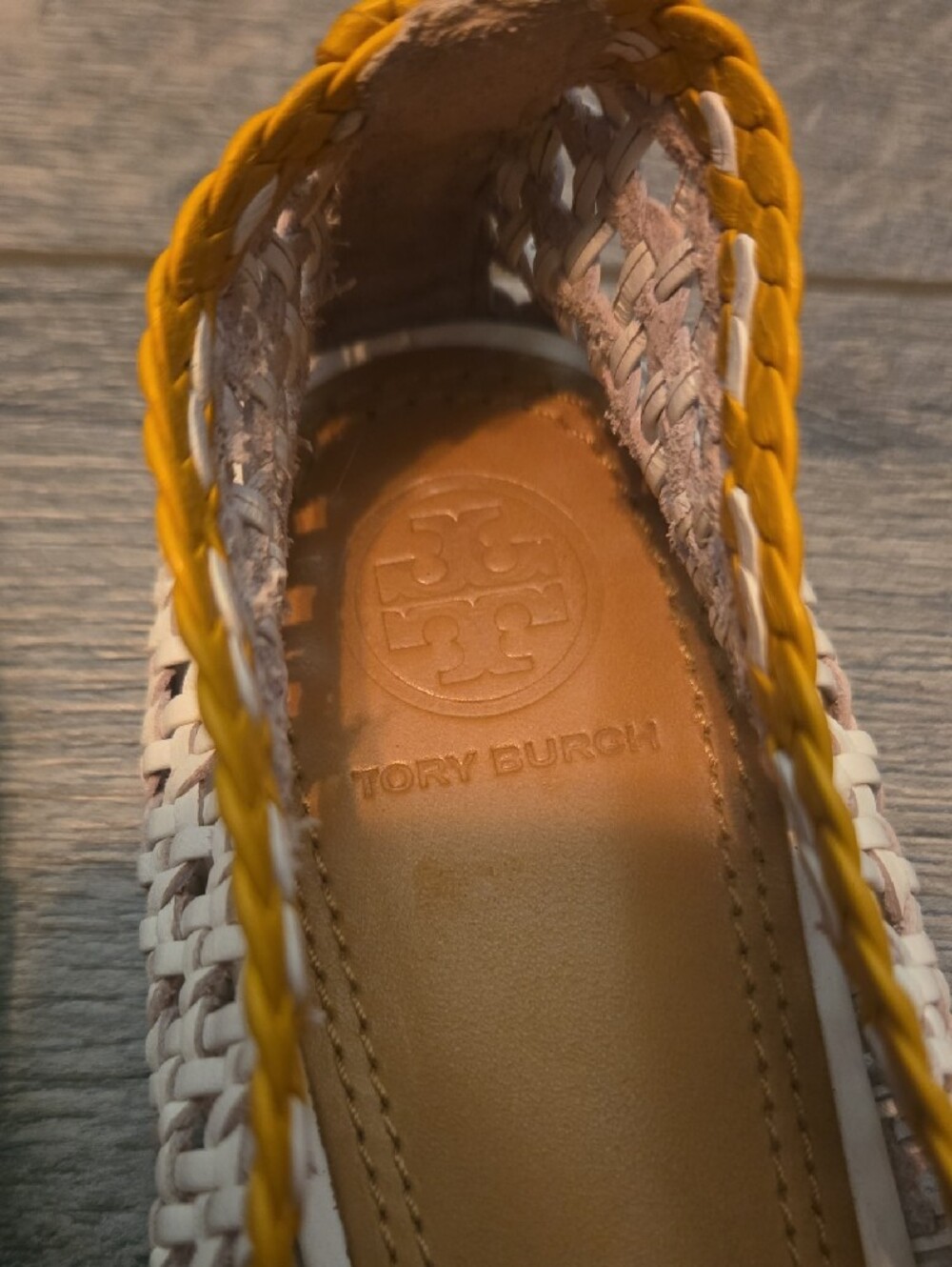 Tory Burch Cream Woven Ballet Flats with Yellow Trim and Gold Logo - Picture 2 of 5